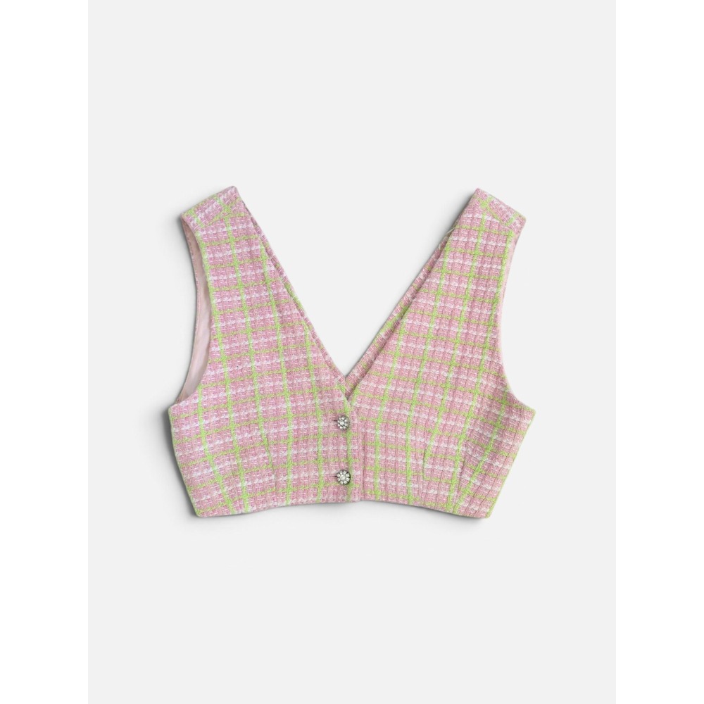 Zara NWOT Pink Plaid Cropped Vest Tweed Preppy Rhinestone Button V-Neck Small